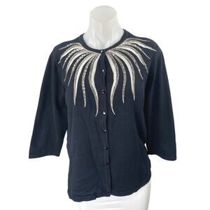 Bob Mackie Black Beaded Sequin 3/4 Sleeve Button Up Knit Cardigan Sweater Top M